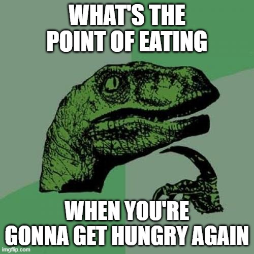 1000iq | WHAT'S THE POINT OF EATING; WHEN YOU'RE GONNA GET HUNGRY AGAIN | image tagged in memes,philosoraptor | made w/ Imgflip meme maker