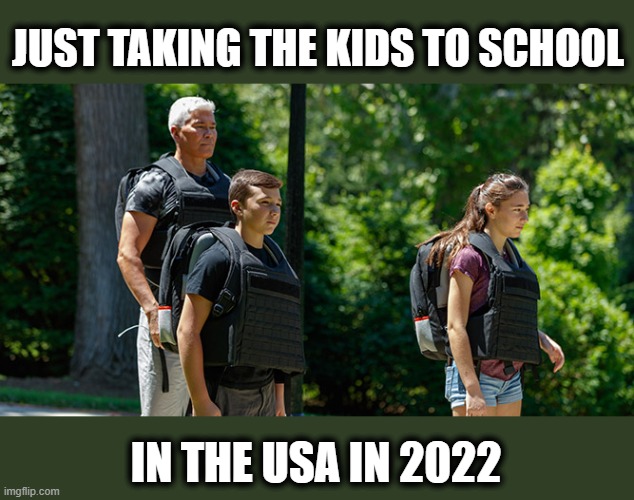 It aint right. I feel bad that kids have to bare the brunt of greedy adults and the NRA | JUST TAKING THE KIDS TO SCHOOL; IN THE USA IN 2022 | image tagged in memes,nra,gun control,politics,ban the guns | made w/ Imgflip meme maker