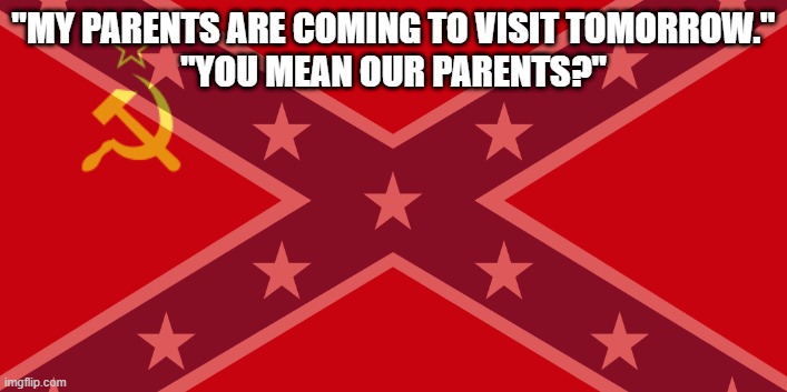 "MY PARENTS ARE COMING TO VISIT TOMORROW."
"YOU MEAN OUR PARENTS?" | made w/ Imgflip meme maker