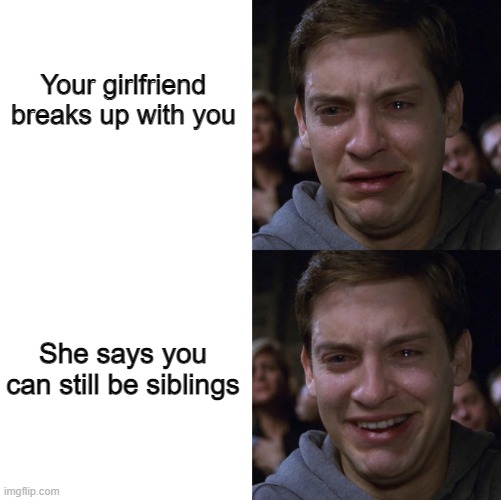 Crying Peter Parker | Your girlfriend breaks up with you; She says you can still be siblings | image tagged in crying peter parker | made w/ Imgflip meme maker