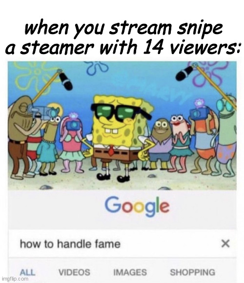 How to handle fame | when you stream snipe a steamer with 14 viewers: | image tagged in how to handle fame | made w/ Imgflip meme maker