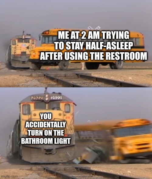 A train hitting a school bus | ME AT 2 AM TRYING TO STAY HALF-ASLEEP AFTER USING THE RESTROOM; YOU ACCIDENTALLY TURN ON THE BATHROOM LIGHT | image tagged in a train hitting a school bus | made w/ Imgflip meme maker