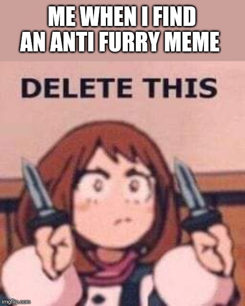 Uraraka Delete this | ME WHEN I FIND AN ANTI FURRY MEME | image tagged in uraraka delete this | made w/ Imgflip meme maker