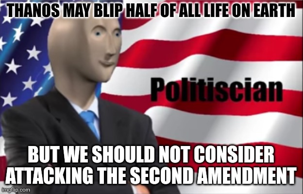 Politiscian | THANOS MAY BLIP HALF OF ALL LIFE ON EARTH; BUT WE SHOULD NOT CONSIDER ATTACKING THE SECOND AMENDMENT | image tagged in politiscian | made w/ Imgflip meme maker