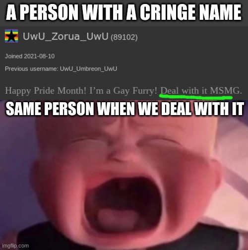 A PERSON WITH A CRINGE NAME; SAME PERSON WHEN WE DEAL WITH IT | image tagged in boss baby crying | made w/ Imgflip meme maker