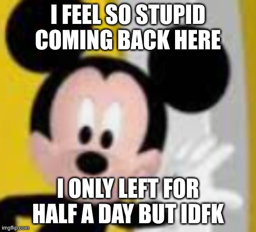 mickey mice | I FEEL SO STUPID COMING BACK HERE; I ONLY LEFT FOR HALF A DAY BUT IDFK | image tagged in mickey mice | made w/ Imgflip meme maker