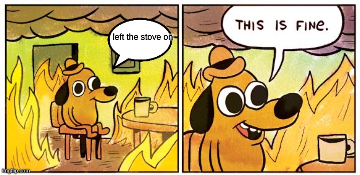 This Is Fine | left the stove on | image tagged in memes,this is fine | made w/ Imgflip meme maker