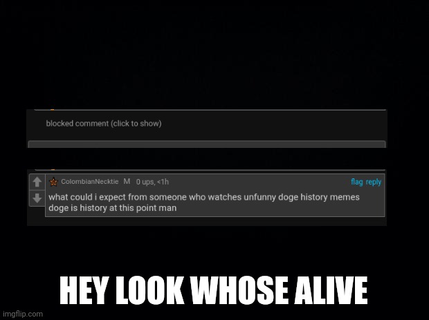 Black background | HEY LOOK WHOSE ALIVE | image tagged in black background | made w/ Imgflip meme maker