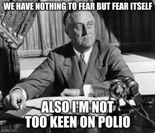 WE HAVE NOTHING TO FEAR BUT FEAR ITSELF; ALSO I'M NOT TOO KEEN ON POLIO | image tagged in philosoraptor | made w/ Imgflip meme maker