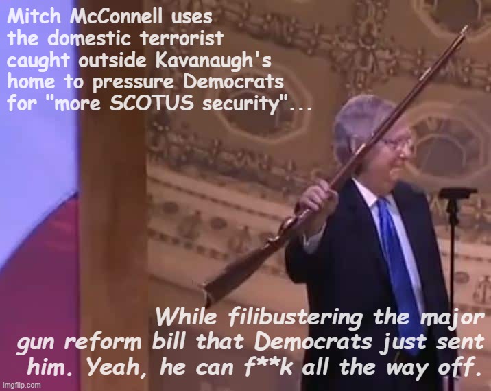 McConnell shills for more security theater for America's most powerful: and nothing at all for our children being killed daily. | Mitch McConnell uses the domestic terrorist caught outside Kavanaugh's home to pressure Democrats for "more SCOTUS security"... While filibustering the major gun reform bill that Democrats just sent him. Yeah, he can f**k all the way off. | image tagged in mitch mcconnell at nra,mitch mcconnell,guns,gun reform,gun laws,gun control | made w/ Imgflip meme maker