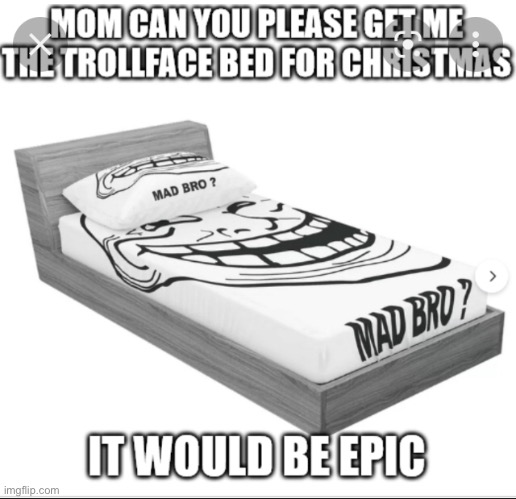 What I want my mom to get me for Christmas but she said no and that it is stupid | image tagged in troll face bed | made w/ Imgflip meme maker