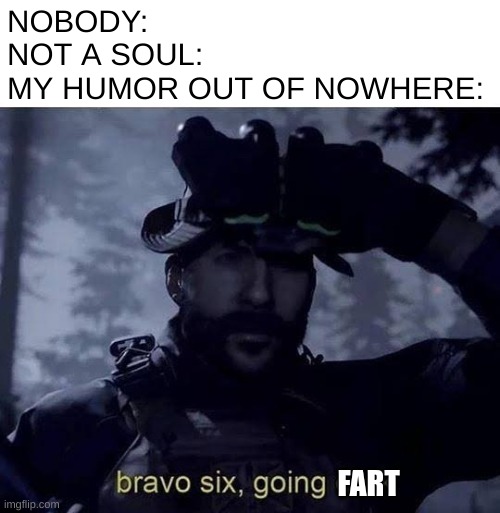 my humor has really gone downhill |  NOBODY:
NOT A SOUL:
MY HUMOR OUT OF NOWHERE:; FART | image tagged in bravo six going dark,fart jokes,funni | made w/ Imgflip meme maker