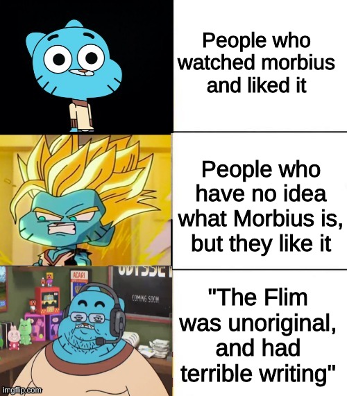 Best, better, bestest but with gumball | People who watched morbius and liked it; People who have no idea what Morbius is, but they like it; "The Flim was unoriginal, and had terrible writing" | image tagged in best better blurst but with gumball | made w/ Imgflip meme maker
