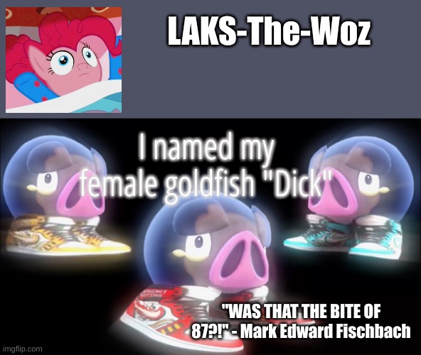 LAKS-The-Woz temp | I named my female goldfish "Dick" | image tagged in laks-the-woz temp | made w/ Imgflip meme maker