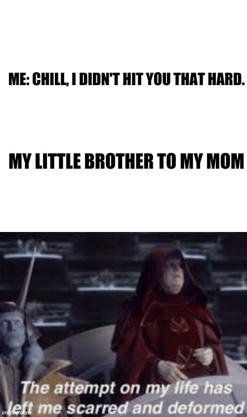 ME: CHILL, I DIDN'T HIT YOU THAT HARD. MY LITTLE BROTHER TO MY MOM | image tagged in blank white template,the attempt on my life has left me scarred and deformed | made w/ Imgflip meme maker