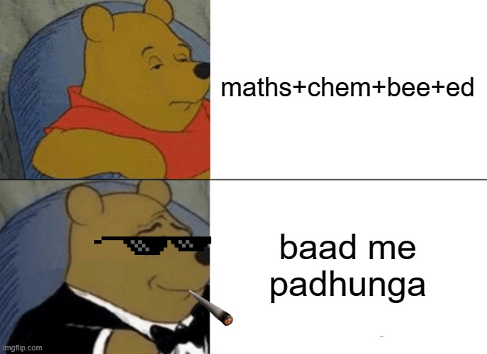 .. | maths+chem+bee+ed; baad me padhunga | image tagged in memes,tuxedo winnie the pooh | made w/ Imgflip meme maker
