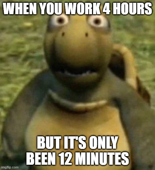 WHEN YOU WORK 4 HOURS; BUT IT'S ONLY BEEN 12 MINUTES | image tagged in memes | made w/ Imgflip meme maker