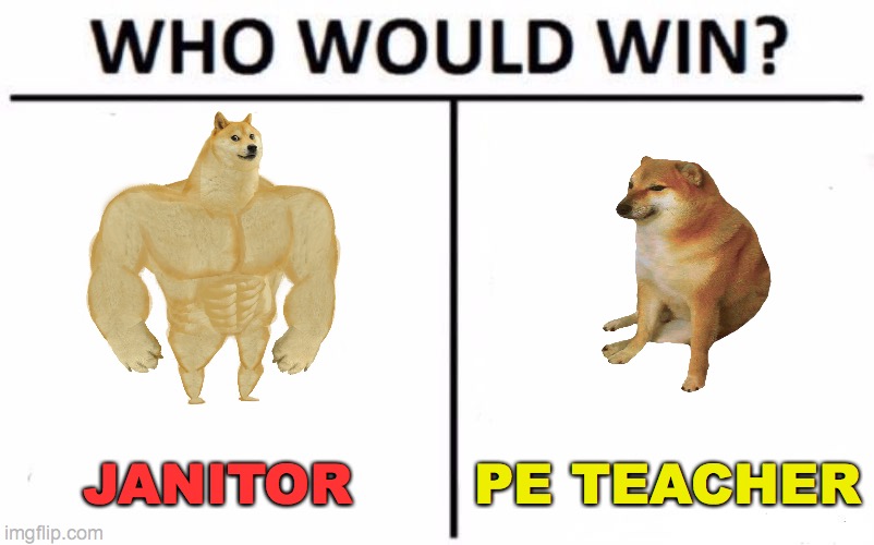 Who Would Win? Meme | JANITOR; PE TEACHER | image tagged in memes,who would win | made w/ Imgflip meme maker