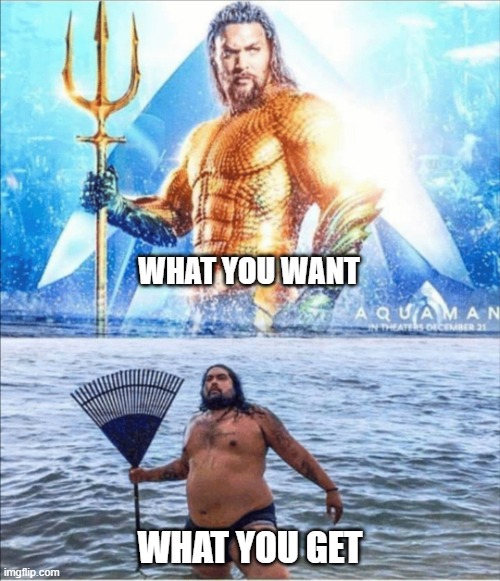 Aquafat | WHAT YOU WANT; WHAT YOU GET | image tagged in high quality vs low quality aquaman | made w/ Imgflip meme maker