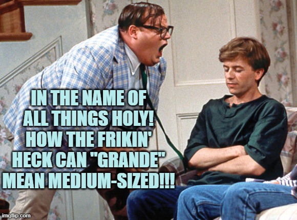 van down by the river | IN THE NAME OF ALL THINGS HOLY!
HOW THE FRIKIN' HECK CAN "GRANDE" MEAN MEDIUM-SIZED!!! | image tagged in van down by the river | made w/ Imgflip meme maker