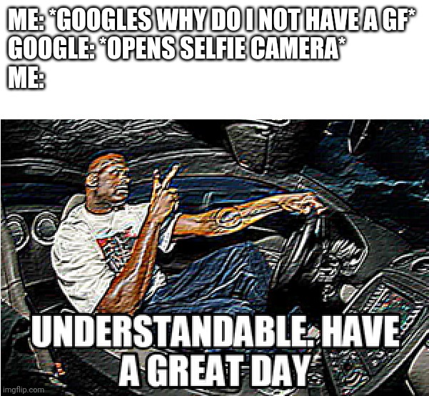 UNDERSTANDABLE, HAVE A GREAT DAY | ME: *GOOGLES WHY DO I NOT HAVE A GF*
GOOGLE: *OPENS SELFIE CAMERA*
ME: | image tagged in understandable have a great day | made w/ Imgflip meme maker