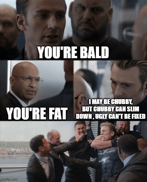 Captain America Elevator Fight | YOU'RE BALD; YOU'RE FAT; I MAY BE CHUBBY, BUT CHUBBY CAN SLIM DOWN , UGLY CAN'T BE FIXED | image tagged in captain america elevator fight | made w/ Imgflip meme maker