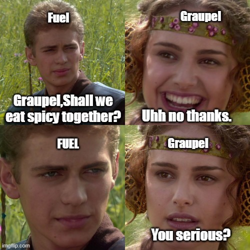 Fuel want to invited Graupel to eating spicy food. | Graupel; Fuel; Graupel,Shall we eat spicy together? Uhh no thanks. Graupel; FUEL; You serious? | image tagged in anakin padme 4 panel,megamanoc | made w/ Imgflip meme maker