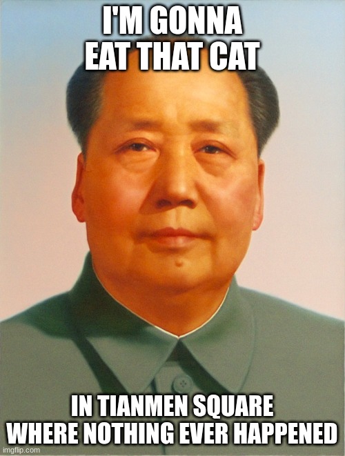 Mao Zedong | I'M GONNA EAT THAT CAT IN TIANMEN SQUARE WHERE NOTHING EVER HAPPENED | image tagged in mao zedong | made w/ Imgflip meme maker