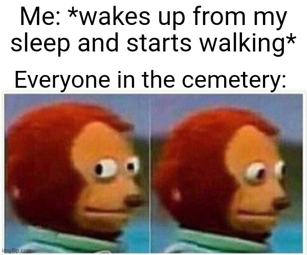 Oh shoot | Me: *wakes up from my sleep and starts walking*; Everyone in the cemetery: | image tagged in memes,monkey puppet | made w/ Imgflip meme maker