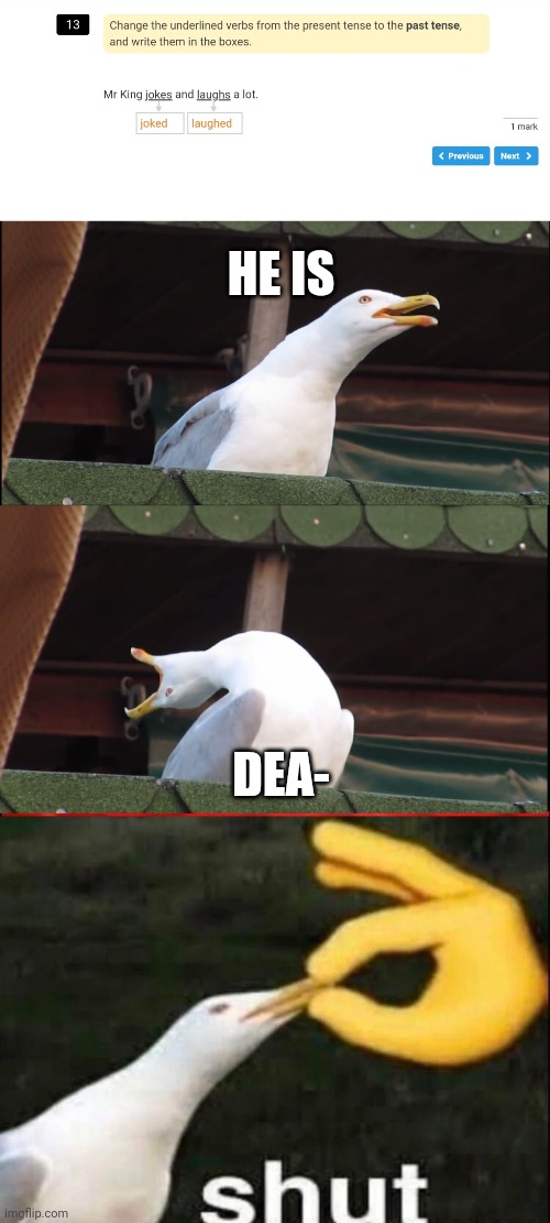 K | HE IS; DEA- | image tagged in memes,inhaling seagull,shut | made w/ Imgflip meme maker