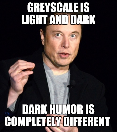 musk | GREYSCALE IS LIGHT AND DARK; DARK HUMOR IS COMPLETELY DIFFERENT | image tagged in musk | made w/ Imgflip meme maker