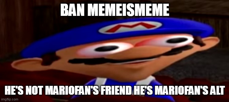 smg4 stare | BAN MEMEISMEME; HE'S NOT MARIOFAN'S FRIEND HE'S MARIOFAN'S ALT | image tagged in smg4 stare | made w/ Imgflip meme maker