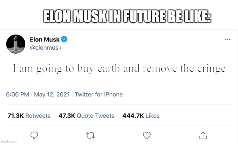 Yesssssss cringe will be removed by elon in future | ELON MUSK IN FUTURE BE LIKE:; I am going to buy earth and remove the cringe | image tagged in elon musk blank tweet | made w/ Imgflip meme maker