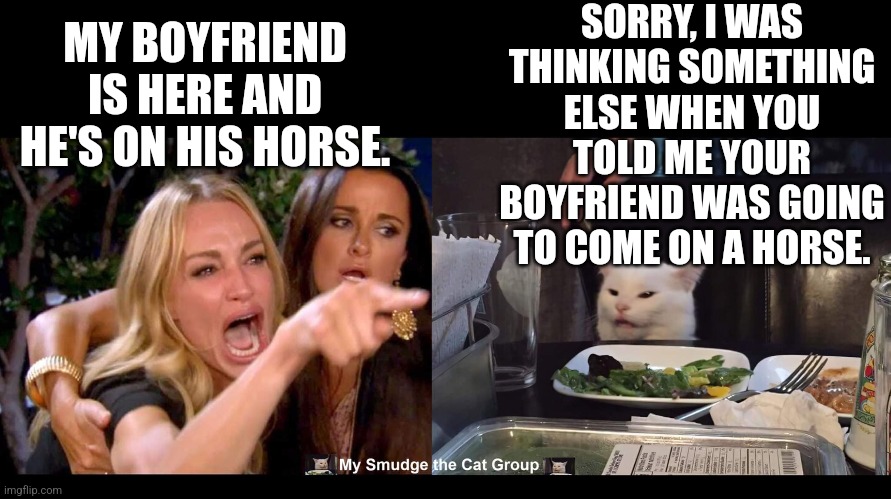 SORRY, I WAS THINKING SOMETHING ELSE WHEN YOU TOLD ME YOUR BOYFRIEND WAS GOING TO COME ON A HORSE. MY BOYFRIEND IS HERE AND HE'S ON HIS HORSE. | image tagged in smudge the cat,woman yelling at cat | made w/ Imgflip meme maker