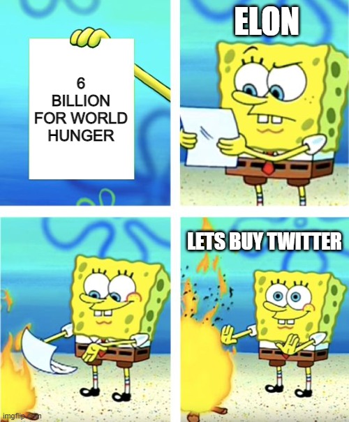 ELON | ELON; 6 BILLION FOR WORLD HUNGER; LETS BUY TWITTER | image tagged in spongebob burning paper | made w/ Imgflip meme maker