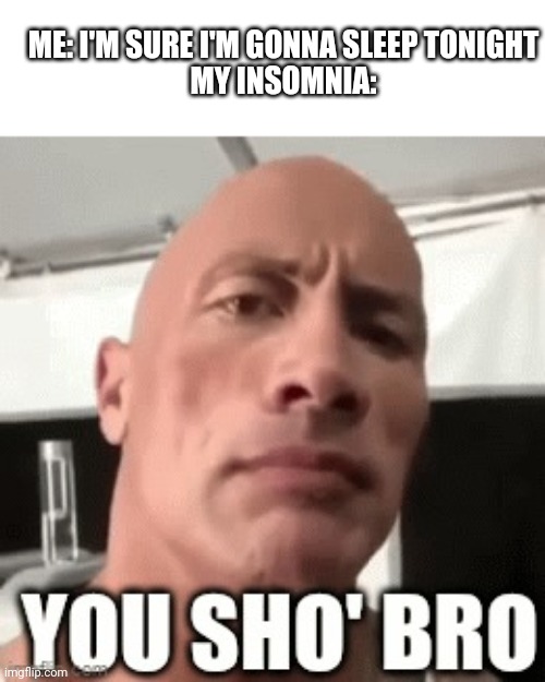 Insomnia | ME: I'M SURE I'M GONNA SLEEP TONIGHT
MY INSOMNIA: | image tagged in the rock you sho' bro | made w/ Imgflip meme maker