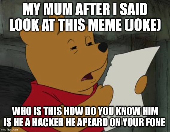 Winnie the Pooh reading | MY MUM AFTER I SAID LOOK AT THIS MEME (JOKE); WHO IS THIS HOW DO YOU KNOW HIM IS HE A HACKER HE APEARD ON YOUR FONE | image tagged in winnie the pooh reading | made w/ Imgflip meme maker