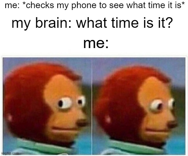 13:69 PM | me: *checks my phone to see what time it is*; my brain: what time is it? me: | image tagged in memes,monkey puppet | made w/ Imgflip meme maker