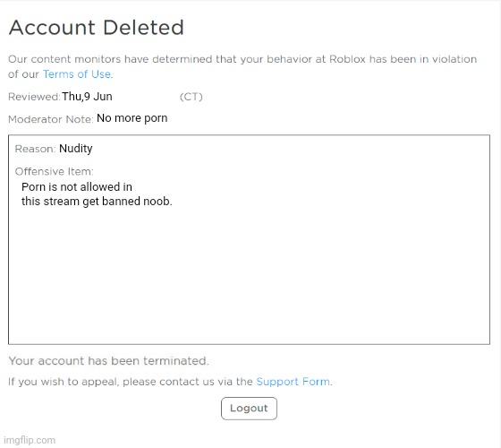 banned from ROBLOX (2021 Edition) | Thu,9 Jun No more porn Nudity Porn is not allowed in this stream get banned noob. | image tagged in banned from roblox 2021 edition | made w/ Imgflip meme maker