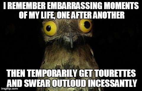 Weird Stuff I Do Potoo Meme | I REMEMBER EMBARRASSING MOMENTS OF MY LIFE, ONE AFTER ANOTHER THEN TEMPORARILY GET TOURETTES AND SWEAR OUTLOUD INCESSANTLY | image tagged in memes,weird stuff i do potoo,AdviceAnimals | made w/ Imgflip meme maker