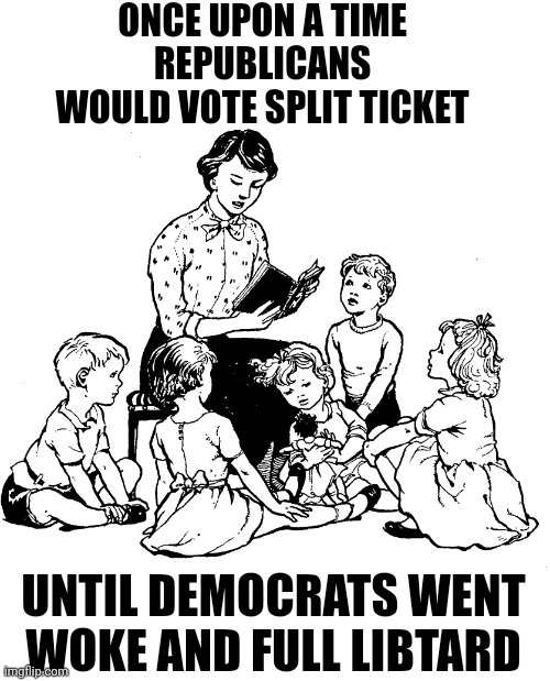 True story | ONCE UPON A TIME REPUBLICANS WOULD VOTE SPLIT TICKET; UNTIL DEMOCRATS WENT WOKE AND FULL LIBTARD | image tagged in story time | made w/ Imgflip meme maker
