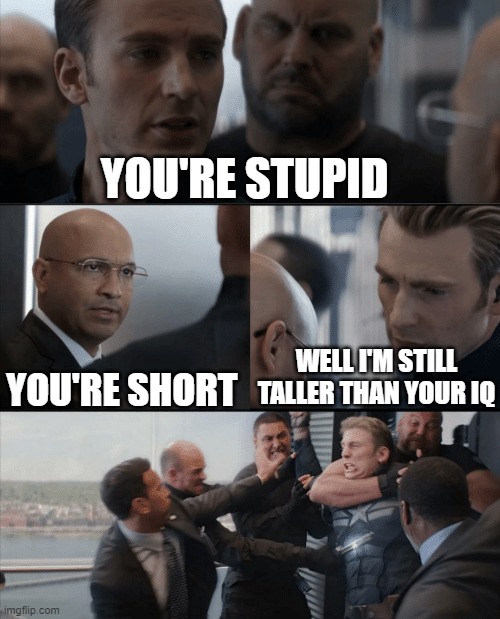 Captain America Elevator Fight | YOU'RE STUPID; YOU'RE SHORT; WELL I'M STILL TALLER THAN YOUR IQ | image tagged in captain america elevator fight | made w/ Imgflip meme maker