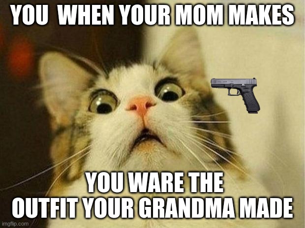 Scared Cat Meme | YOU  WHEN YOUR MOM MAKES; YOU WARE THE OUTFIT YOUR GRANDMA MADE | image tagged in memes,scared cat | made w/ Imgflip meme maker
