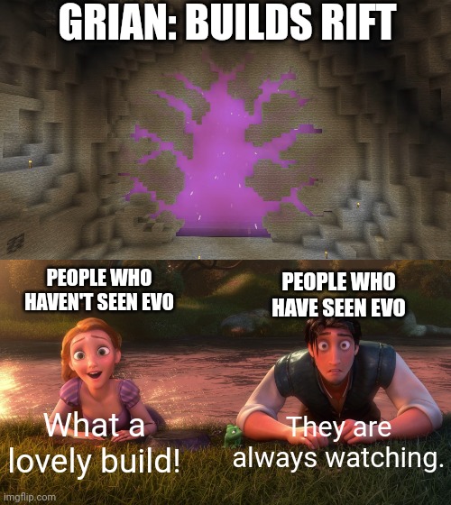 Watcher Grian Lore!!! I MUST HAVE IT ALL!!!!! | GRIAN: BUILDS RIFT; PEOPLE WHO HAVEN'T SEEN EVO; PEOPLE WHO HAVE SEEN EVO; What a lovely build! They are always watching. | image tagged in tangled those who know,hermitcraft,grian,rift,evo,watcher | made w/ Imgflip meme maker