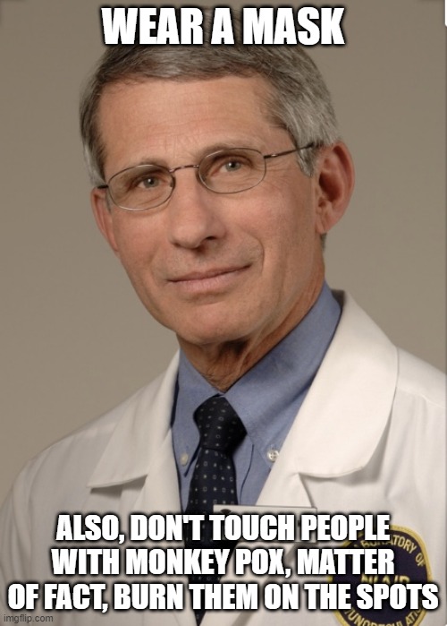 Dr Fauci | WEAR A MASK ALSO, DON'T TOUCH PEOPLE WITH MONKEY POX, MATTER OF FACT, BURN THEM ON THE SPOTS | image tagged in dr fauci | made w/ Imgflip meme maker