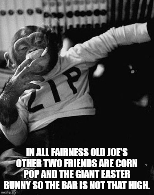 Zip the Smoking Chimp | IN ALL FAIRNESS OLD JOE'S OTHER TWO FRIENDS ARE CORN POP AND THE GIANT EASTER BUNNY SO THE BAR IS NOT THAT HIGH. | image tagged in zip the smoking chimp | made w/ Imgflip meme maker