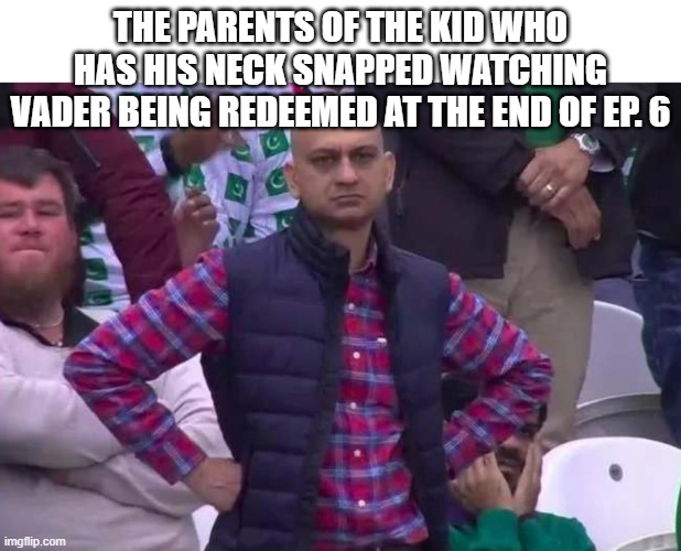 Unimpressed man | THE PARENTS OF THE KID WHO HAS HIS NECK SNAPPED WATCHING VADER BEING REDEEMED AT THE END OF EP. 6 | image tagged in unimpressed man | made w/ Imgflip meme maker