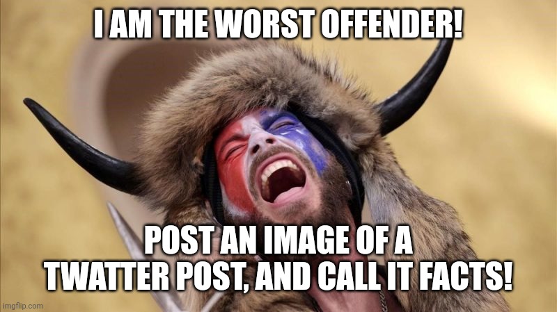 qanon shaman | I AM THE WORST OFFENDER! POST AN IMAGE OF A TWATTER POST, AND CALL IT FACTS! | image tagged in qanon shaman | made w/ Imgflip meme maker