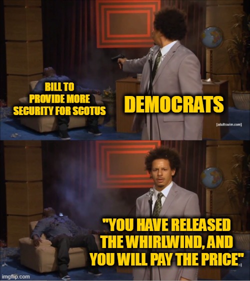 Never Forget What You See Them Doing Today | BILL TO PROVIDE MORE SECURITY FOR SCOTUS; DEMOCRATS; "YOU HAVE RELEASED THE WHIRLWIND, AND YOU WILL PAY THE PRICE" | image tagged in memes,who killed hannibal | made w/ Imgflip meme maker