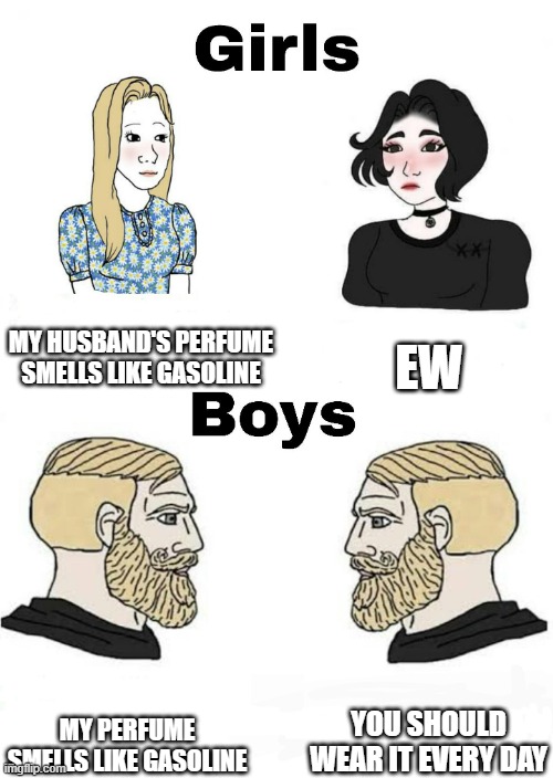 Girls vs Boys | MY HUSBAND'S PERFUME SMELLS LIKE GASOLINE; EW; YOU SHOULD WEAR IT EVERY DAY; MY PERFUME SMELLS LIKE GASOLINE | image tagged in girls vs boys | made w/ Imgflip meme maker